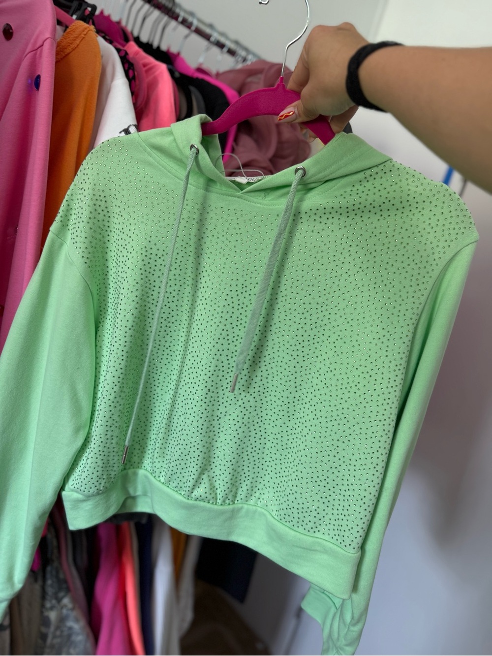 Main Strip Mint Green Cropped Hoodie with Stud Detailing